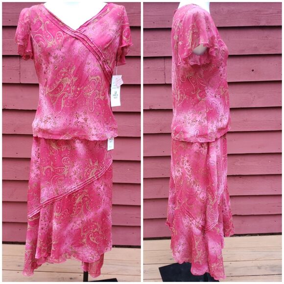 VTG 90s Y2K Paisley Boho 2 Pc Dress Set Flutter Sleeve Top Tiered Skirt Sz 10 - Picture 1 of 8